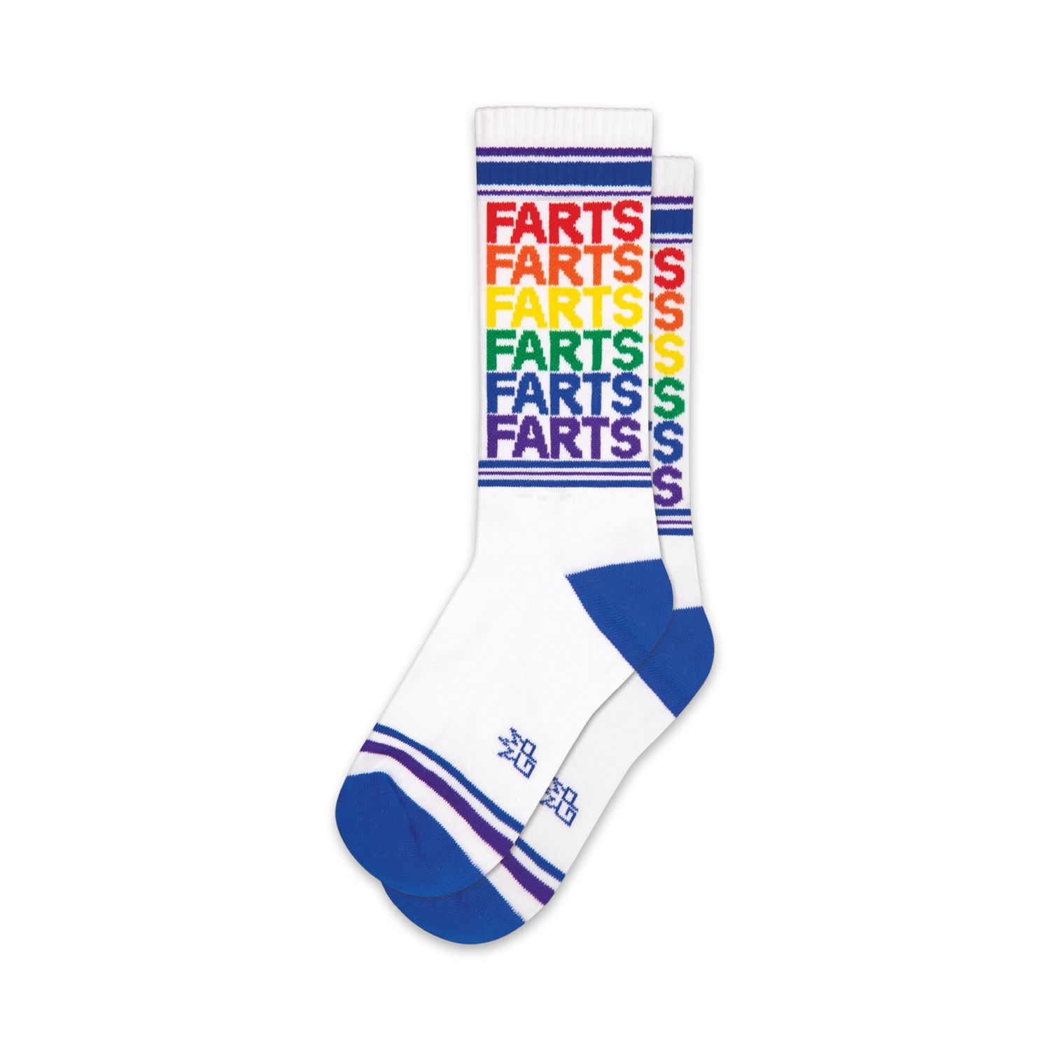 Pair of white crew socks with rainbow-colored 'Farts' text and blue/purple stripes. Fun and casual design.