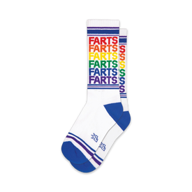  crew xl socks printed with the word "farts" in a rainbow pattern, perfect for humorous occasions.   