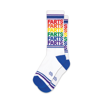  crew xl socks printed with the word "farts" in a rainbow pattern, perfect for humorous occasions.   