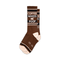 Pair of brown crew socks with a white and black "Coffee Makes Me Poop" graphic. Features stripes at the top and bottom.