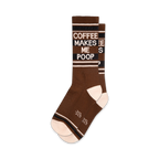 Pair of brown crew socks with a white and black "Coffee Makes Me Poop" graphic. Features stripes at the top and bottom.