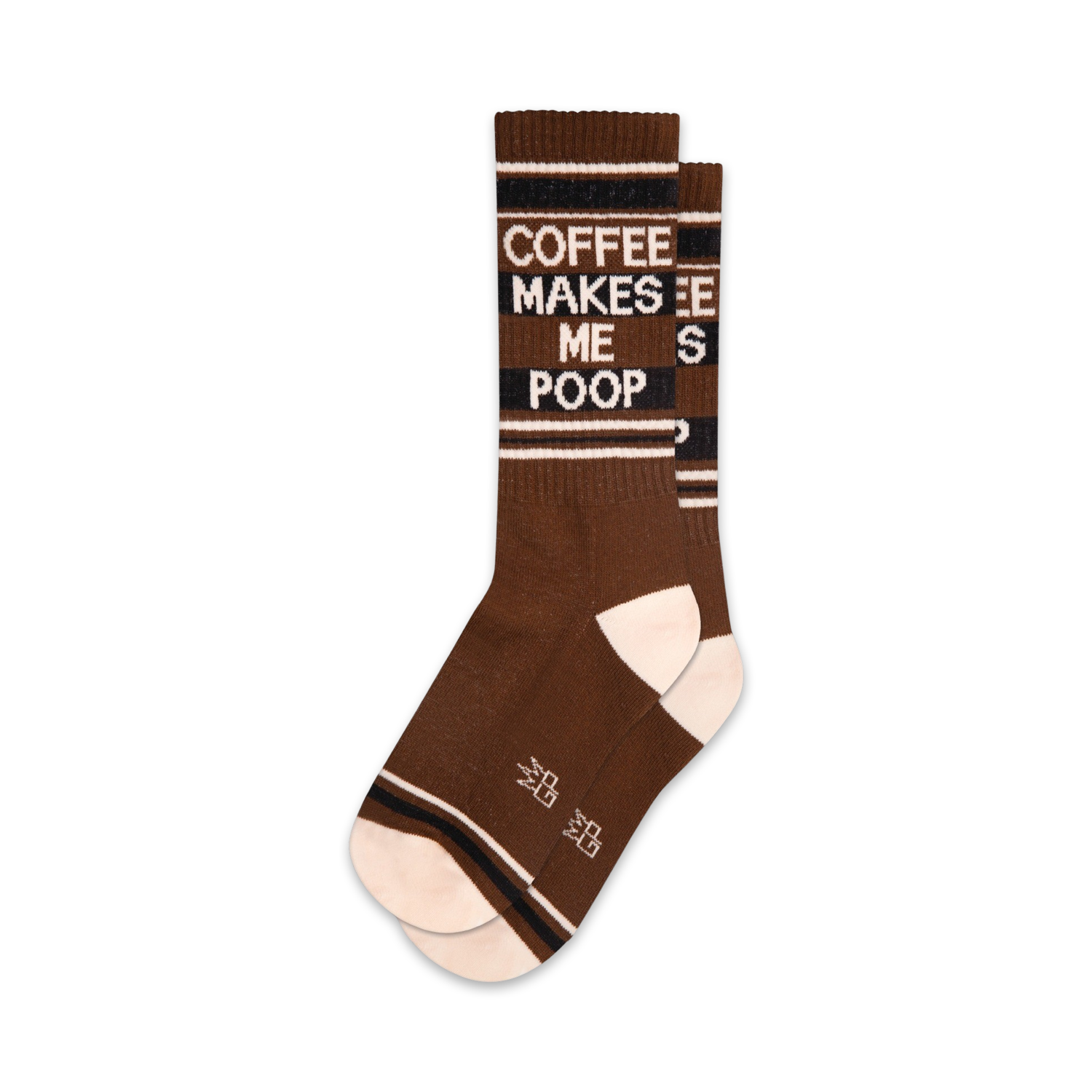 Pair of brown crew socks with a white and black "Coffee Makes Me Poop" graphic. Features stripes at the top and bottom.