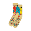 Cream-colored crew socks featuring a whimsical cartoon design of colorful figures on a rainbow, surrounded by small multicolored stars.