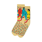 Cream-colored crew socks featuring a whimsical cartoon design of colorful figures on a rainbow, surrounded by small multicolored stars.