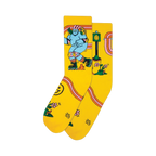 Crew socks, yellow background, blue creature roller skating, smiley faces, flowers, rainbow, retro style.