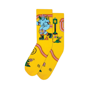Crew socks, yellow background, blue creature roller skating, smiley faces, flowers, rainbow, retro style.