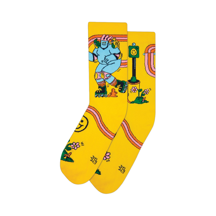 Crew socks, yellow background, blue creature roller skating, smiley faces, flowers, rainbow, retro style.