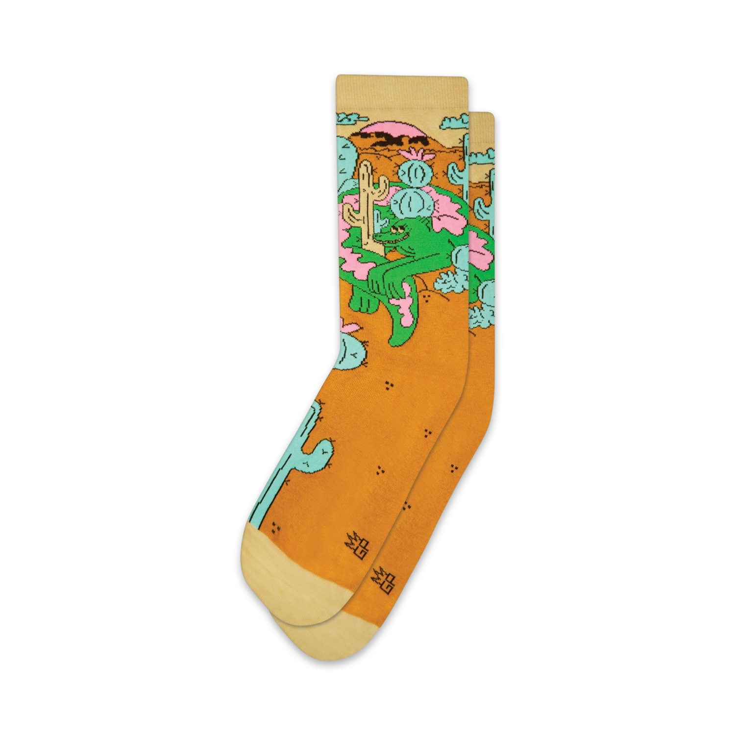 Pair of crew socks in mustard yellow with a whimsical design of a lizard lounging amidst cacti and desert flowers.  The socks have off-white cuffs.