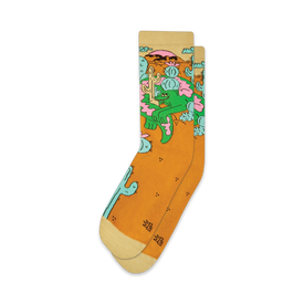 psychedelic crew socks featuring a green and pink lizard wearing sunglasses, chilling in the desert on a pink flower, surrounded by cacti.   