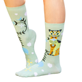 Studio shot of Cat & Clouds socks against a black backdrop. [lf]