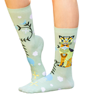 Studio shot of Cat & Clouds socks against a black backdrop. [lf]
