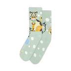 Pair of pastel green crew socks with a whimsical illustrated cat and cloud design. Yellow, orange, and white details.