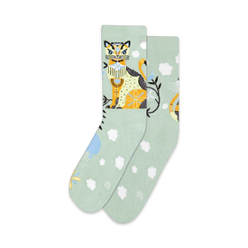 unisex mint green crew socks with orange cats & white clouds.   