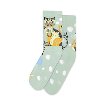 unisex mint green crew socks with orange cats & white clouds.   