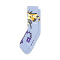 Pair of light blue crew socks with a whimsical bee and purple flower design. 