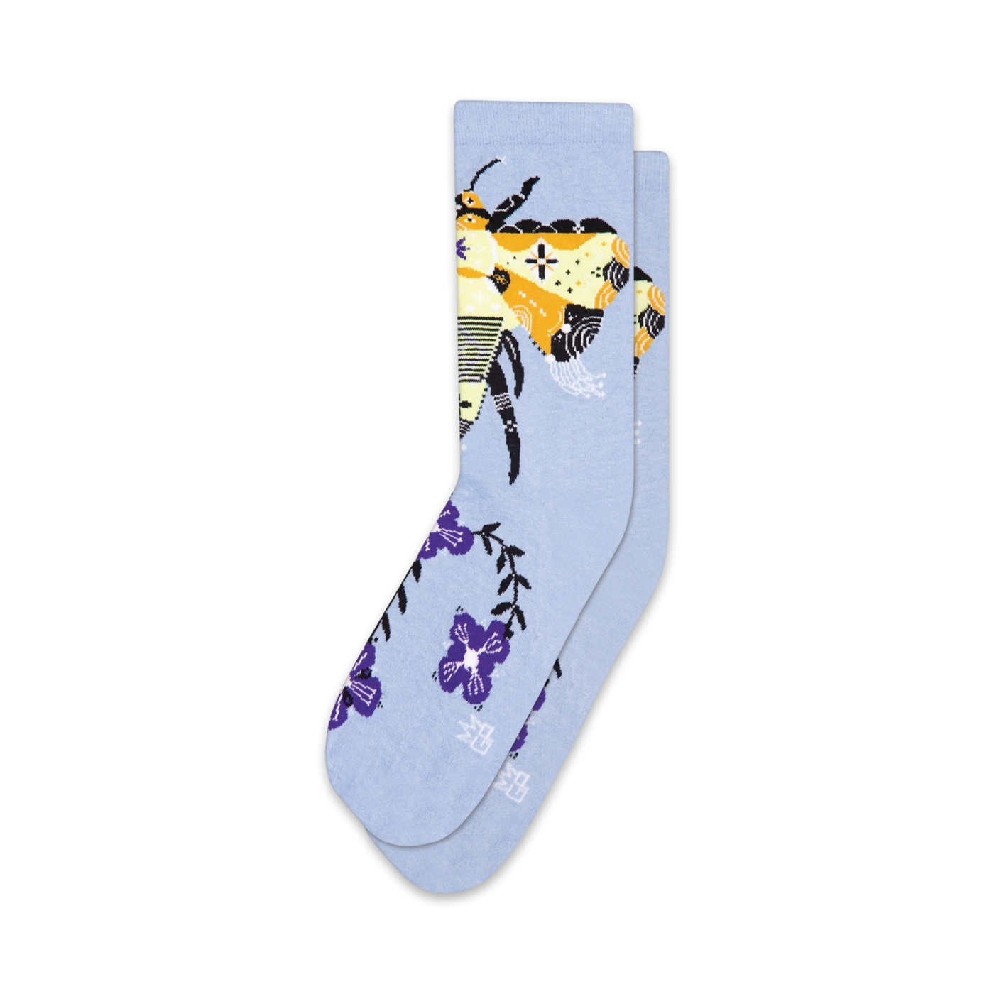Pair of light blue crew socks with a whimsical bee and purple flower design. 