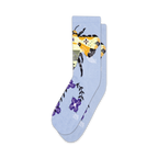 Pair of light blue crew socks with a whimsical bee and purple flower design. 