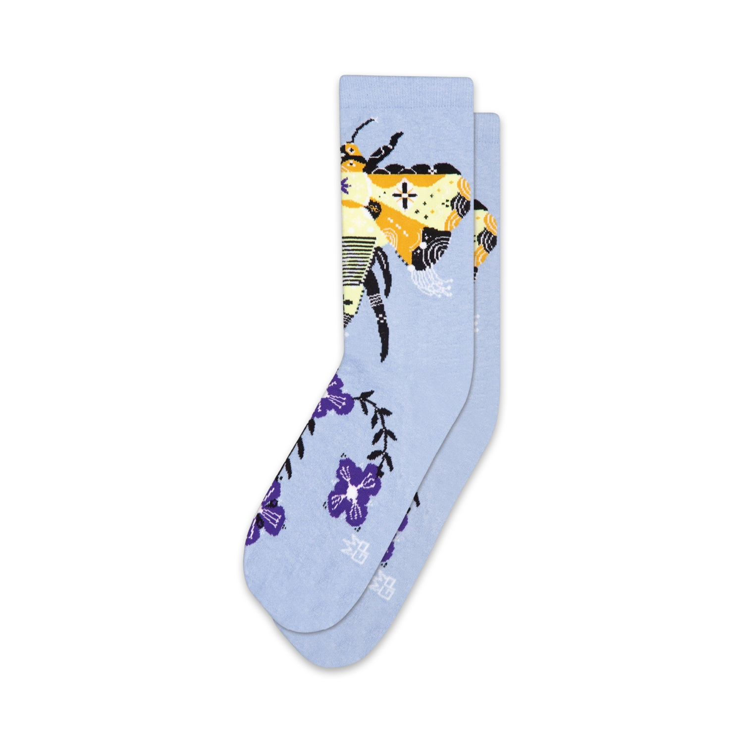 Pair of light blue crew socks with a whimsical bee and purple flower design. 