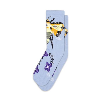   blue crew length socks with bee and flower pattern in yellow, black, purple and green.    