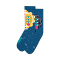Pair of teal crew socks with colorful sun and moon faces featuring multiple eyes.  Unique, whimsical design.