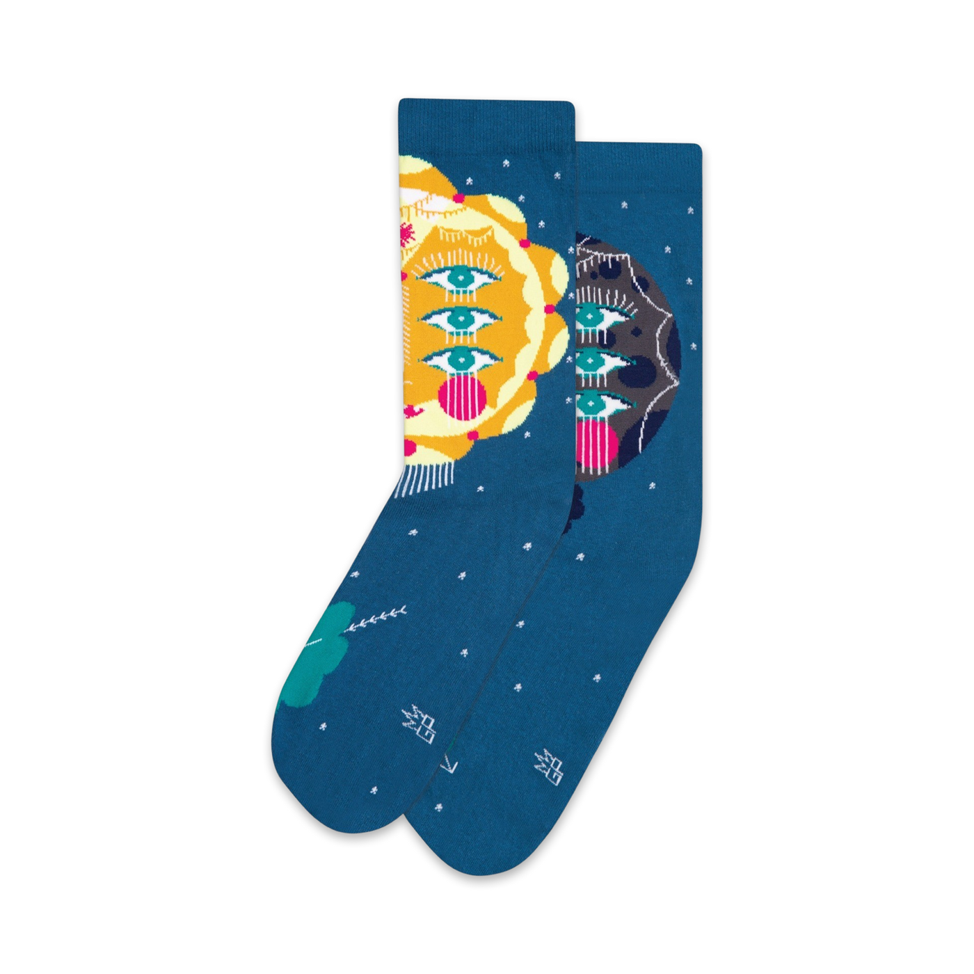 Pair of teal crew socks with colorful sun and moon faces featuring multiple eyes.  Unique, whimsical design.