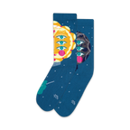 Pair of teal crew socks with colorful sun and moon faces featuring multiple eyes.  Unique, whimsical design.