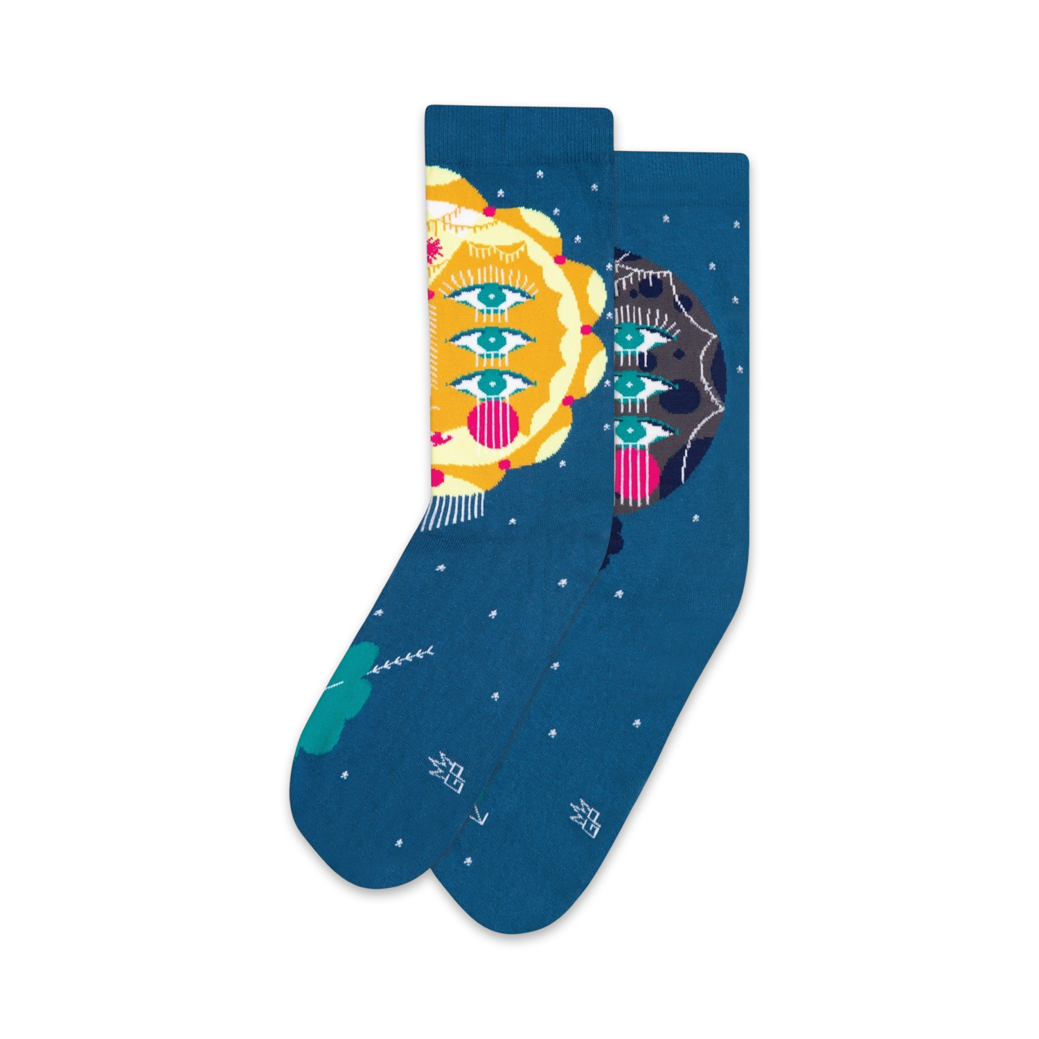 Pair of teal crew socks with colorful sun and moon faces featuring multiple eyes.  Unique, whimsical design.