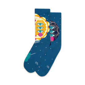 blue crew xl socks with suns & moons featuring three eyes. space themed design for men & women.   