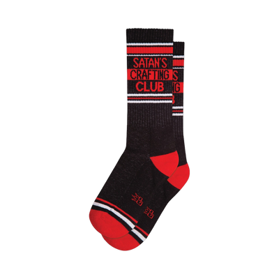 Black crew socks with red and white stripes and 'Satan's Crafting Club' text.  Small symbol at the bottom.