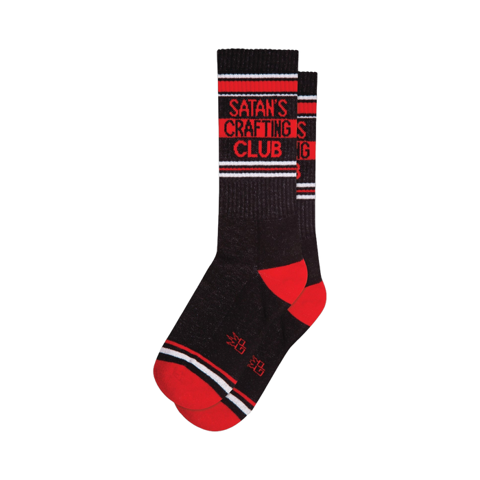 Black crew socks with red and white stripes and 'Satan's Crafting Club' text.  Small symbol at the bottom.