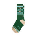 Crew socks in dark green, teal, and beige. The design features the words 'I'd Rather Be Gardening' in a horizontal stripe pattern.