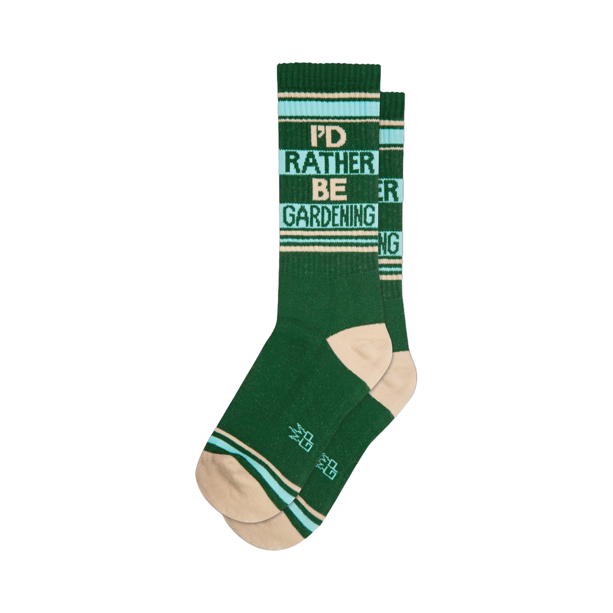 Crew socks in dark green, teal, and beige. The design features the words 'I'd Rather Be Gardening' in a horizontal stripe pattern.