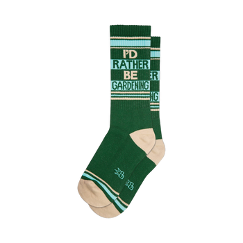 Crew socks in dark green, teal, and beige. The design features the words 'I'd Rather Be Gardening' in a horizontal stripe pattern.