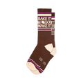 Brown crew socks with off-white and purplish-pink stripes.  The socks feature a 'Bake It Til You Make It' graphic.