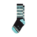 Pair of crew socks in black, teal, and off-white. Features a vertical text design reading 'Young at heart but slightly older in other places'.