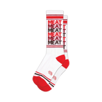 White crew socks with a repeating 'MEAT' pattern in red and brown. Red and brown stripes at the cuff and heel.