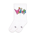 Pair of white crew socks with a colorful, geometric 'Vidiots' logo.  The logo uses pink, orange, green, and light blue.