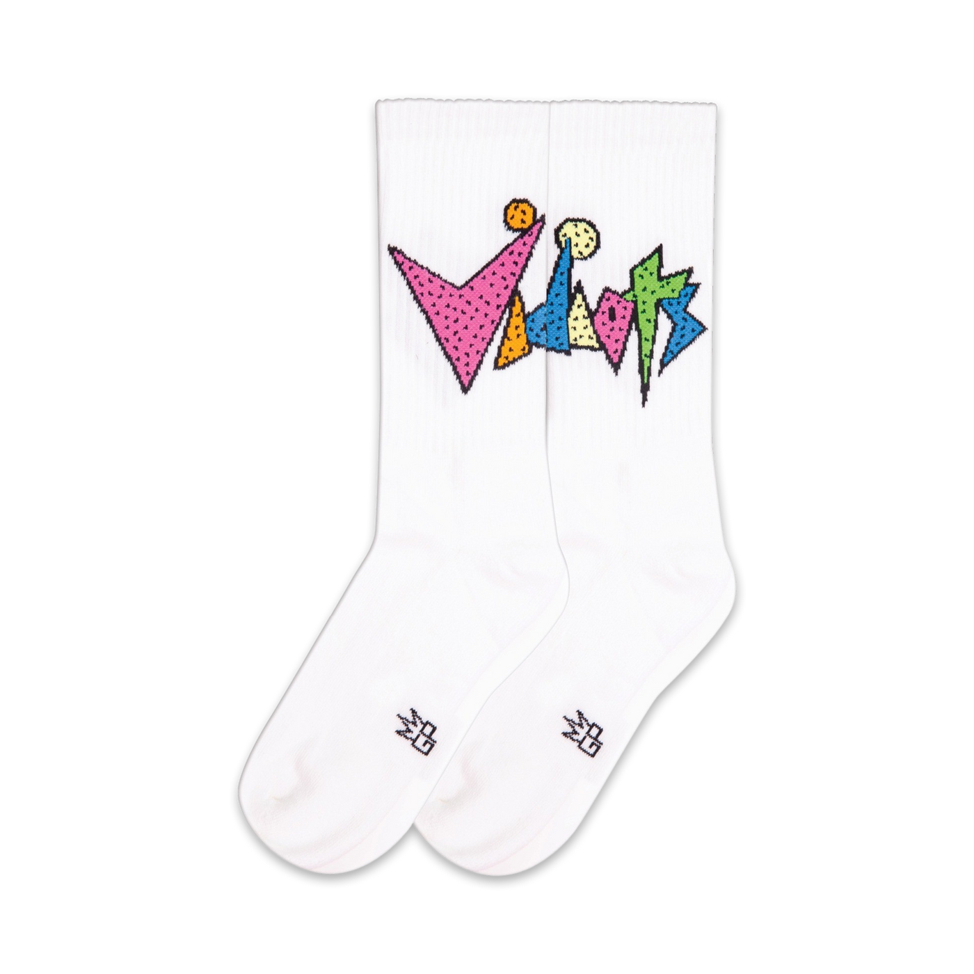 Pair of white crew socks with a colorful, geometric 'Vidiots' logo.  The logo uses pink, orange, green, and light blue.