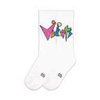 Pair of white crew socks with a colorful, geometric 'Vidiots' logo.  The logo uses pink, orange, green, and light blue.