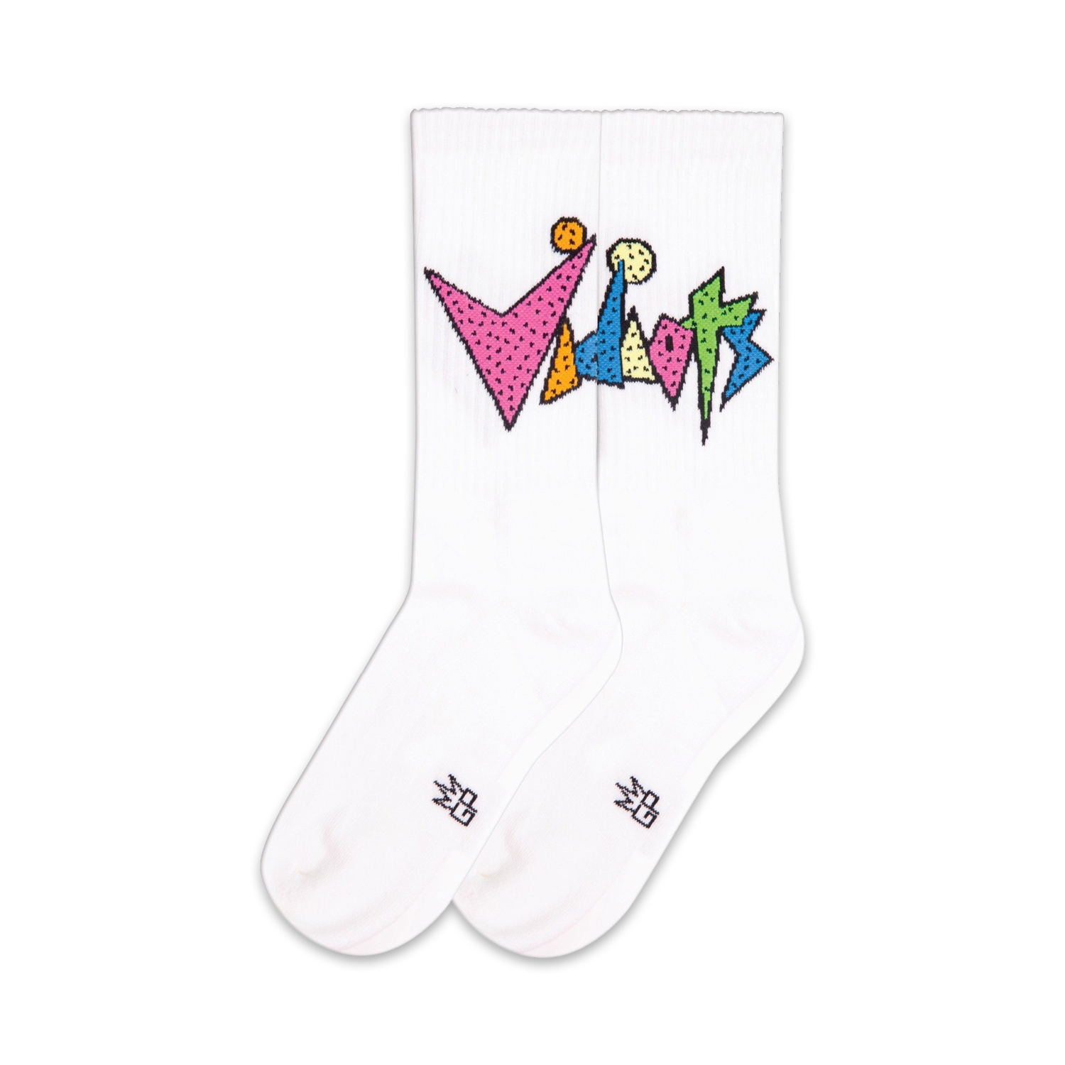 Pair of white crew socks with a colorful, geometric 'Vidiots' logo.  The logo uses pink, orange, green, and light blue.