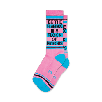 crew xl flamingo socks in pink with blue toes and heels. inspirational message: â€œbe the flamingo in the flock of pigeons.â€ men and women.   