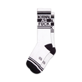 Pair of white crew socks with black stripes and 'NORMAL AS FUCK' text.  A fun and slightly rebellious design.