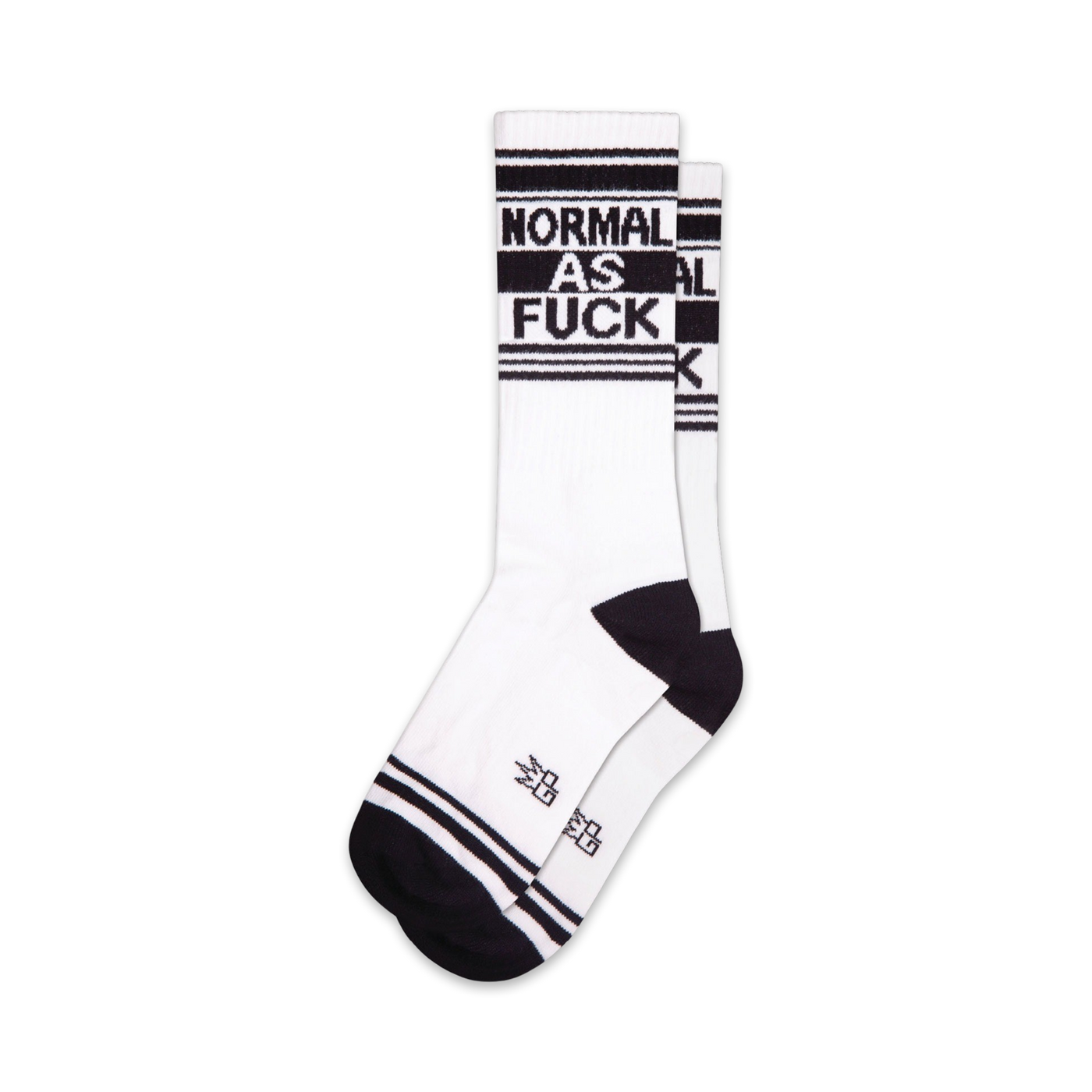 Pair of white crew socks with black stripes and 'NORMAL AS FUCK' text.  A fun and slightly rebellious design.