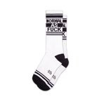 Pair of white crew socks with black stripes and 'NORMAL AS FUCK' text.  A fun and slightly rebellious design.