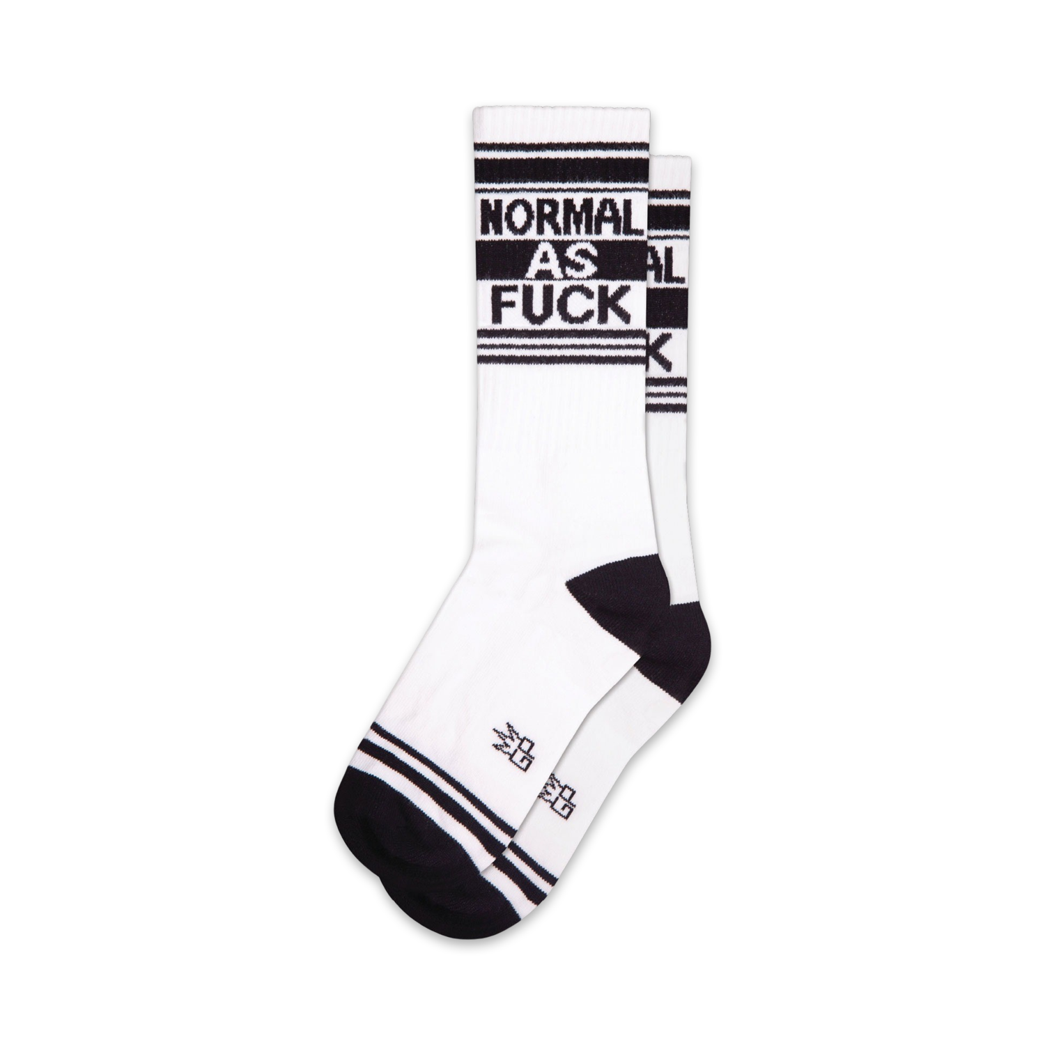 Pair of white crew socks with black stripes and 'NORMAL AS FUCK' text.  A fun and slightly rebellious design.