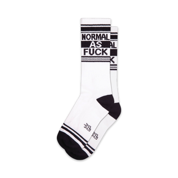 Pair of white crew socks with black stripes and 'NORMAL AS FUCK' text.  A fun and slightly rebellious design.