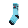 Pair of light blue crew socks with black stripes and 'I ♥ To Fart' graphic. 