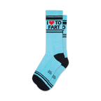 Pair of light blue crew socks with black stripes and 'I ♥ To Fart' graphic. 