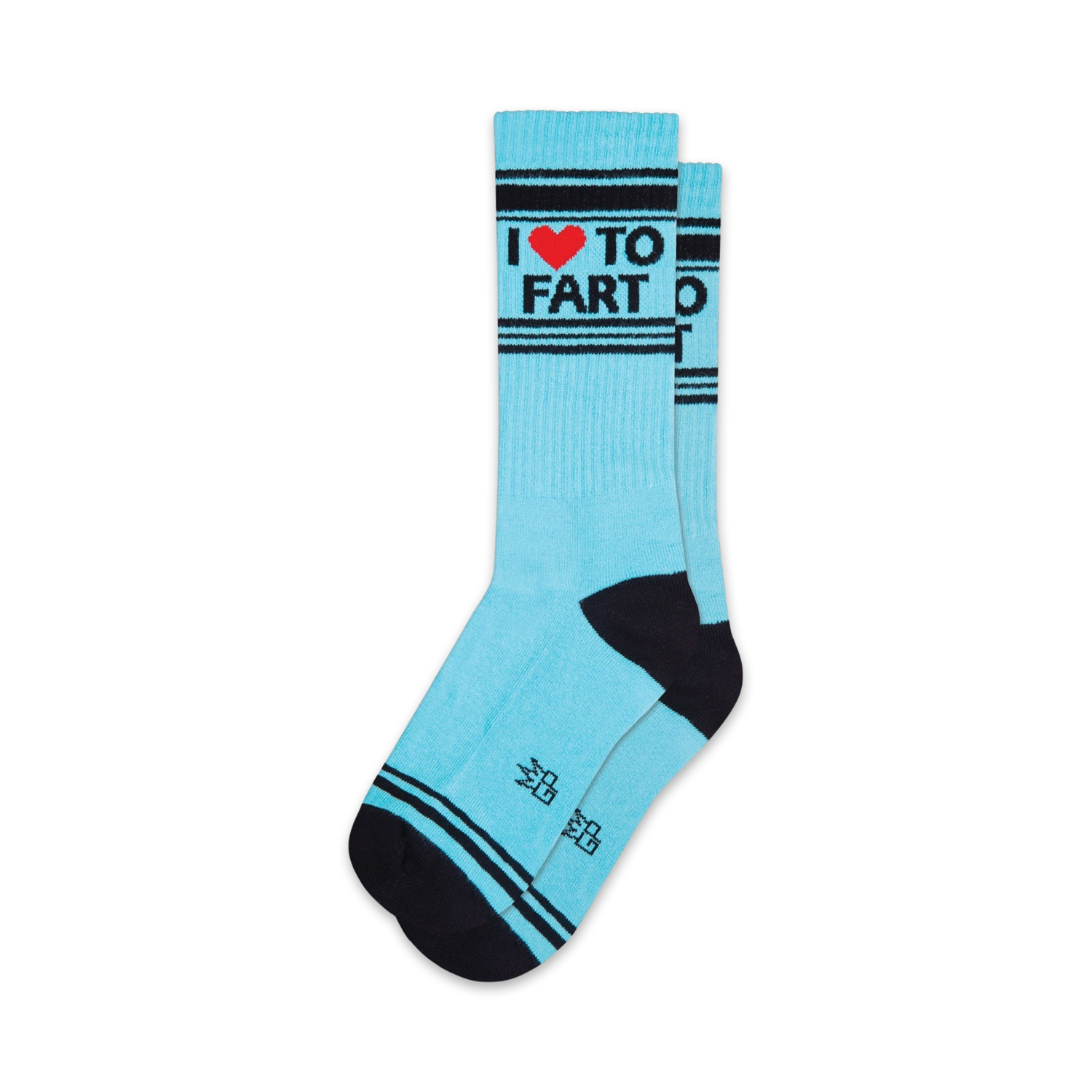 Pair of light blue crew socks with black stripes and 'I ♥ To Fart' graphic. 