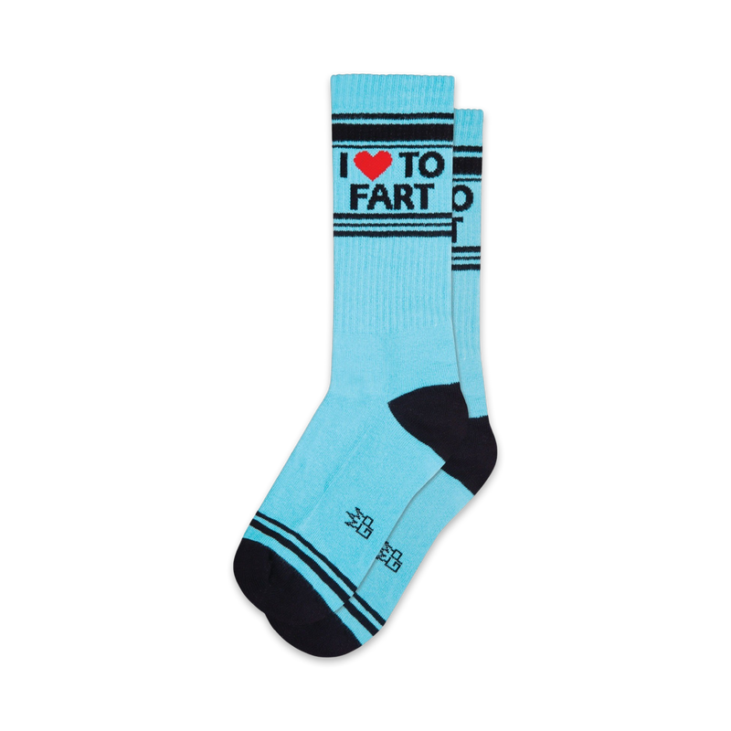 Pair of light blue crew socks with black stripes and 'I ♥ To Fart' graphic. 